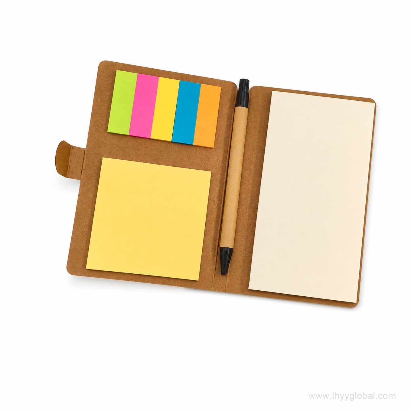 Kraft brown sticky note notebook with writing pad, colorful page markers and ballpoint pen