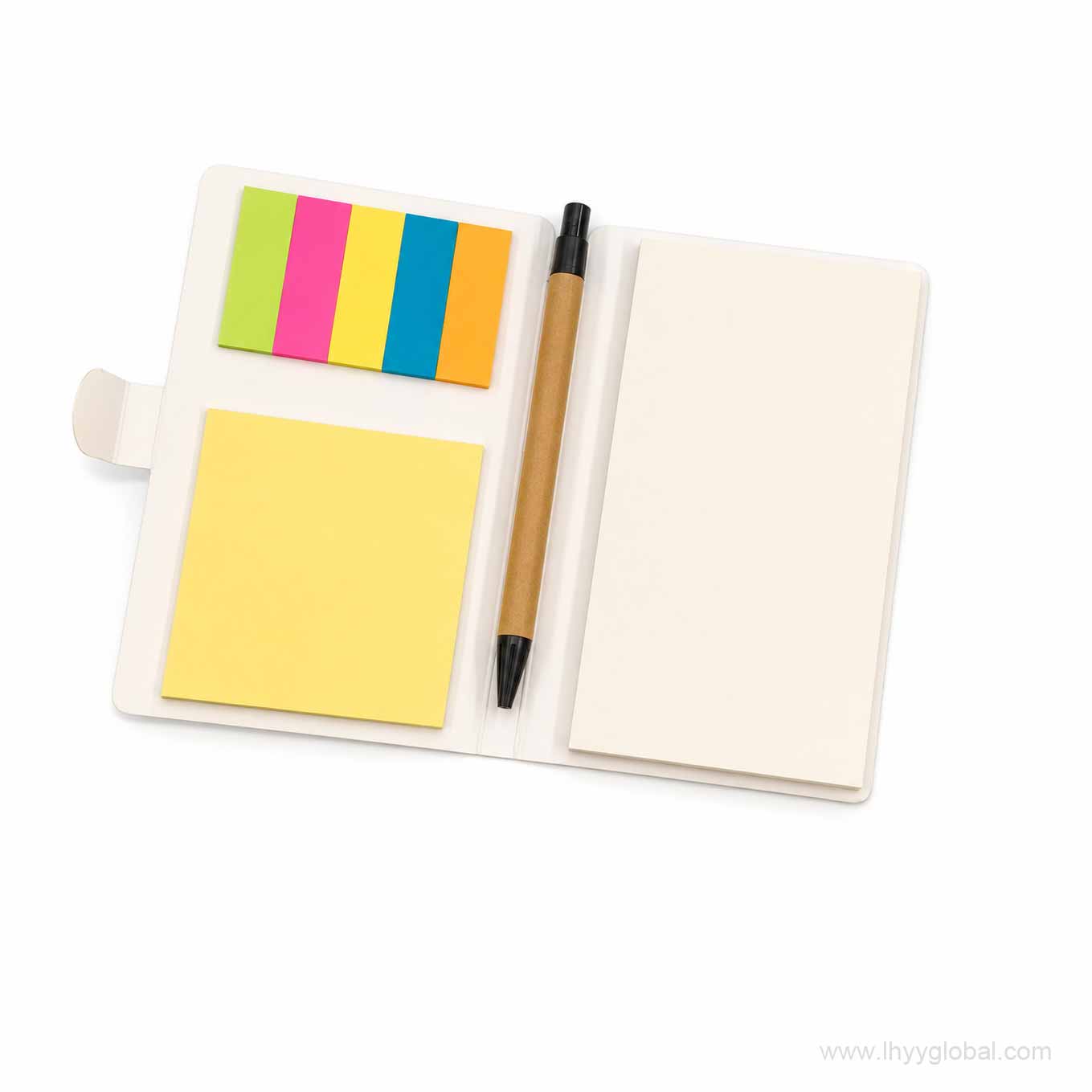 White kraft paper sticky note notebook set with colorful page flags and pen