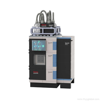 Side view of a Lego-compatible Vanquish HPLC model kit, showcasing the modular autosampler and pump system for analytical chemistry desk decor.