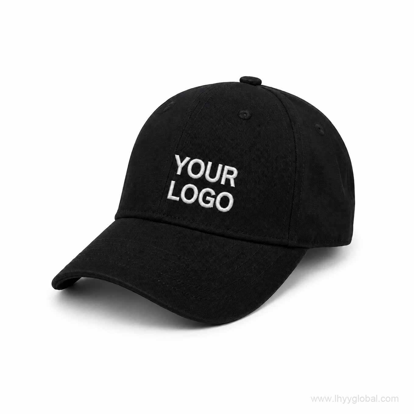 Black adjustable baseball cap customized with a white company logo