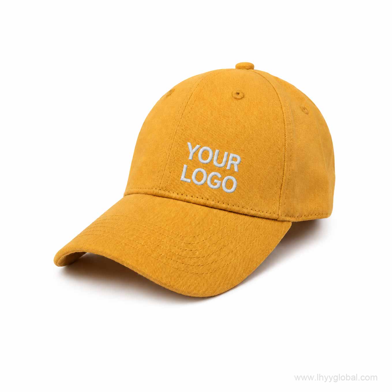 Mustard yellow custom company baseball cap with white embroidered logo