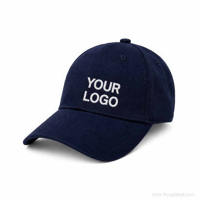 Navy blue custom corporate baseball cap with white embroidered logo