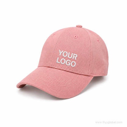 Pink adjustable promotional baseball cap with custom embroidered logo