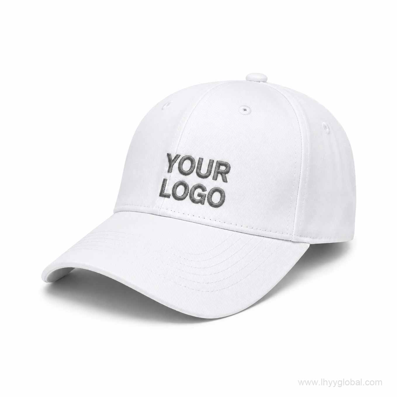 White custom logo baseball cap with dark embroidered corporate branding