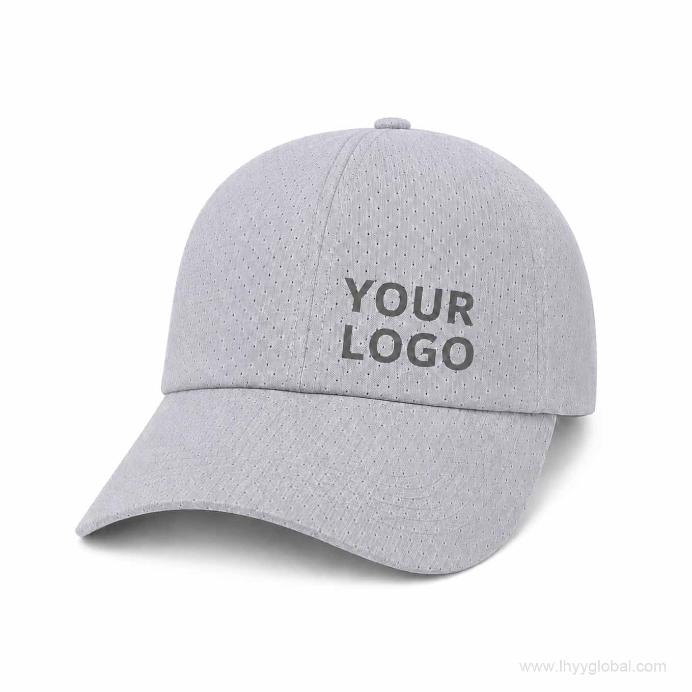 Gray breathable quick-dry baseball cap with YOUR LOGO front customization mockup