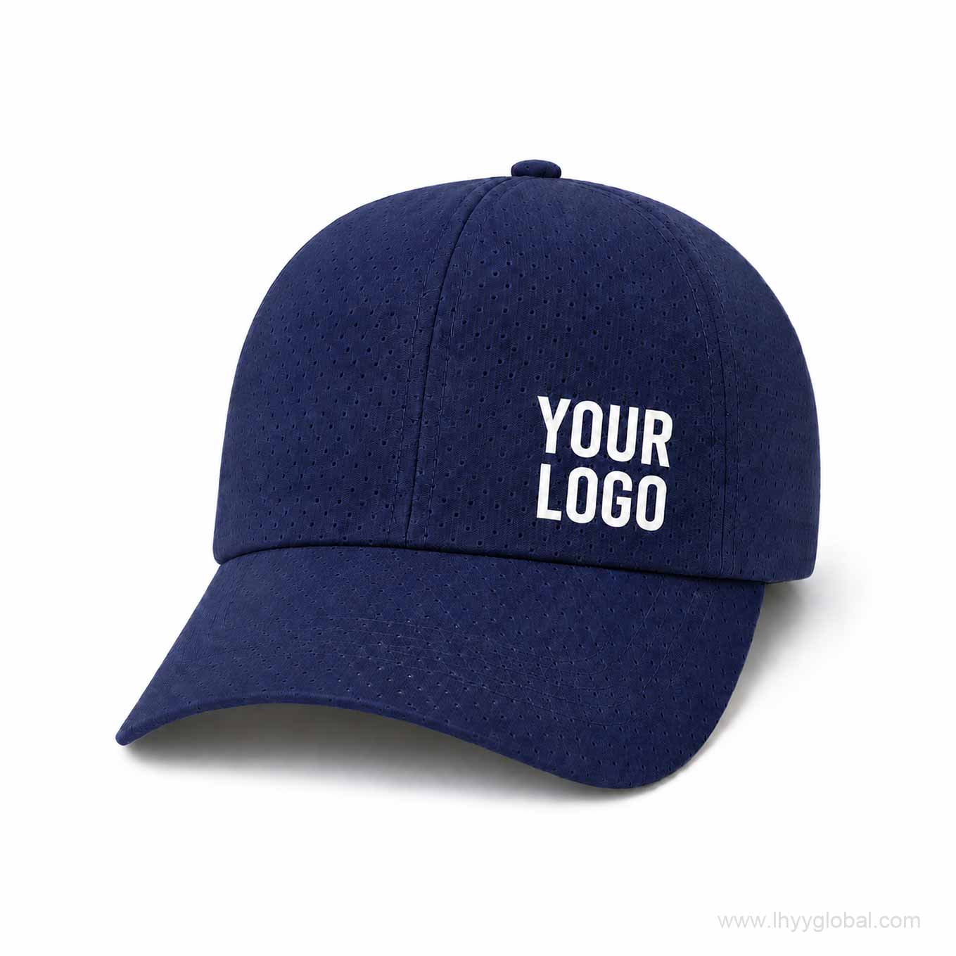 Navy breathable quick-dry baseball cap with YOUR LOGO front customization mockup