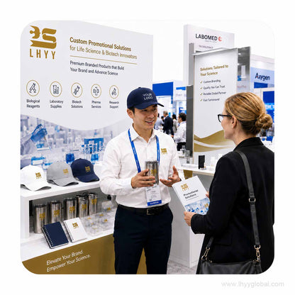 Rendered trade show booth scene displaying custom branded breathable caps for corporate events