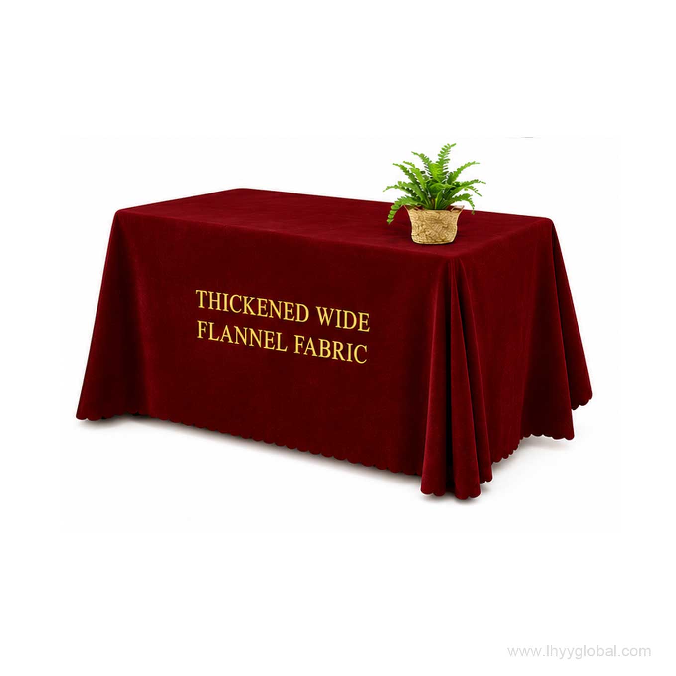 Burgundy custom logo flannel trade show tablecloth shown on a rectangular display table