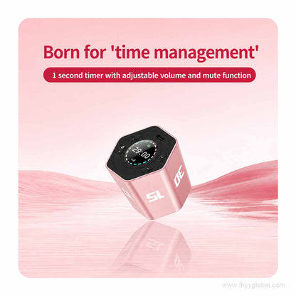 Pink digital countdown timer showing 29-minute timing mode with adjustable volume and mute function