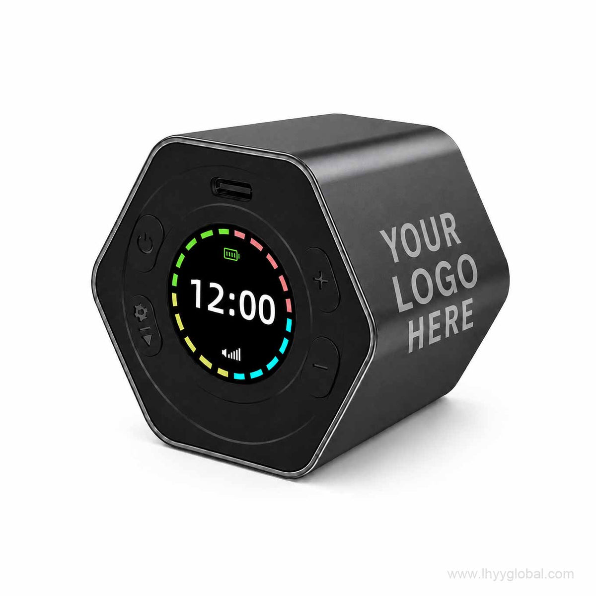 Custom logo digital countdown timer in black with color display and adjustable volume controls