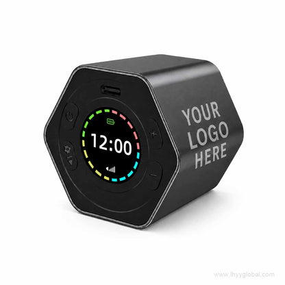 Custom logo digital countdown timer in black with color display and adjustable volume controls