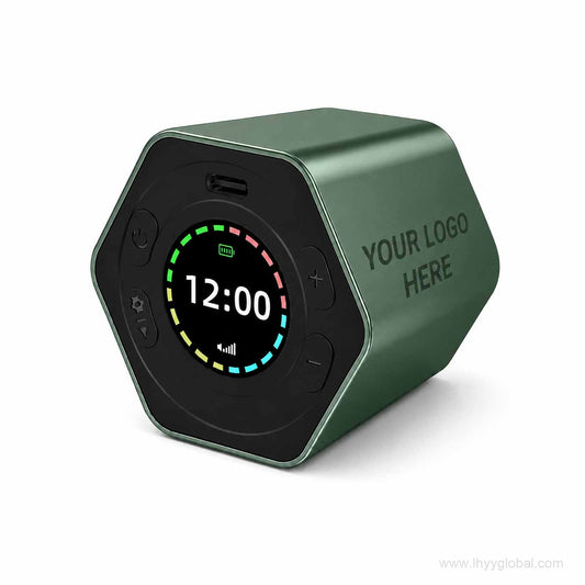 Custom logo digital countdown timer in green with color display and YOUR LOGO HERE branding