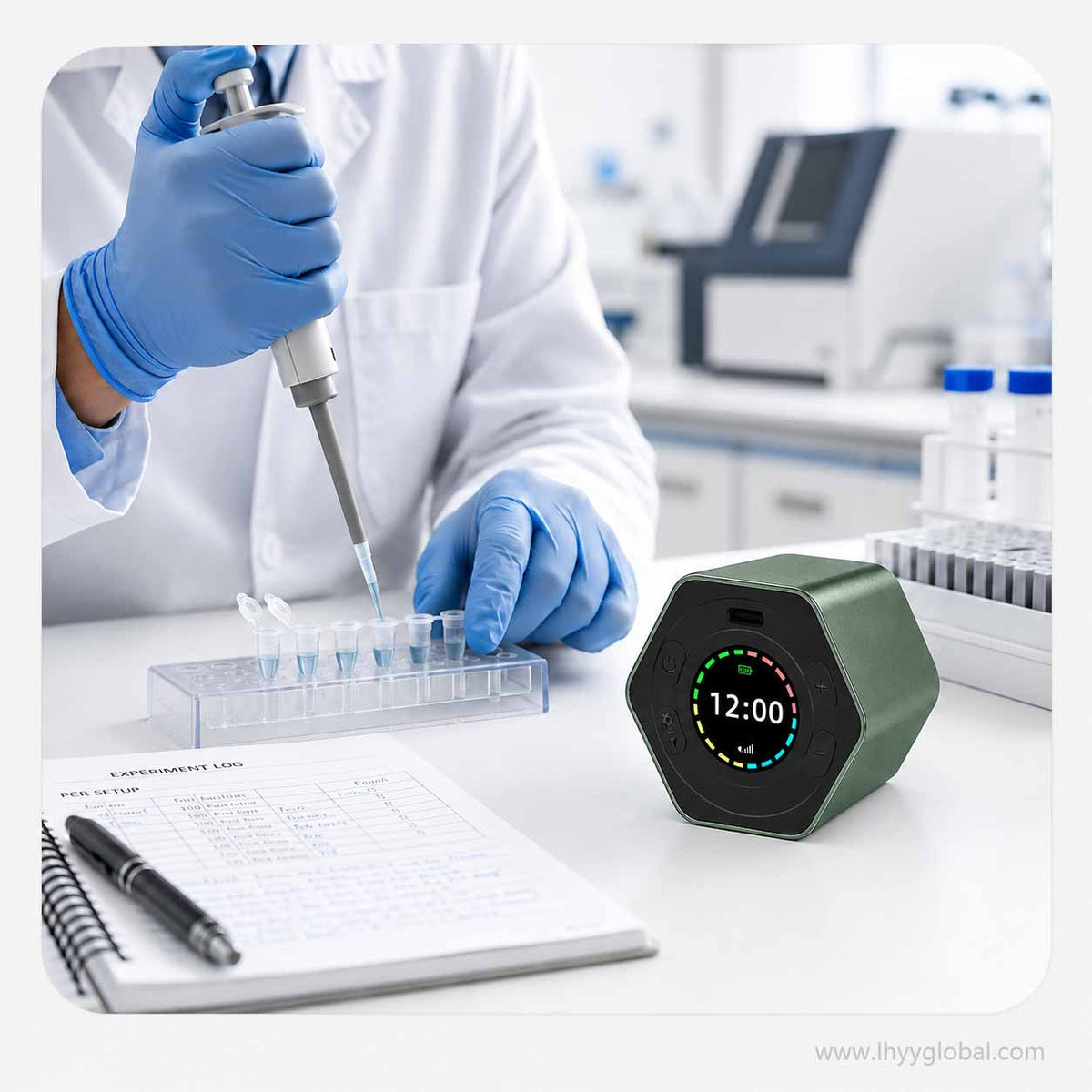 Digital countdown timer used beside PCR sample preparation in a laboratory workflow