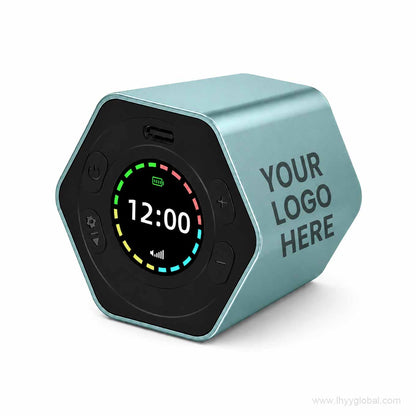 Custom logo digital countdown timer in light blue with color display and YOUR LOGO HERE branding