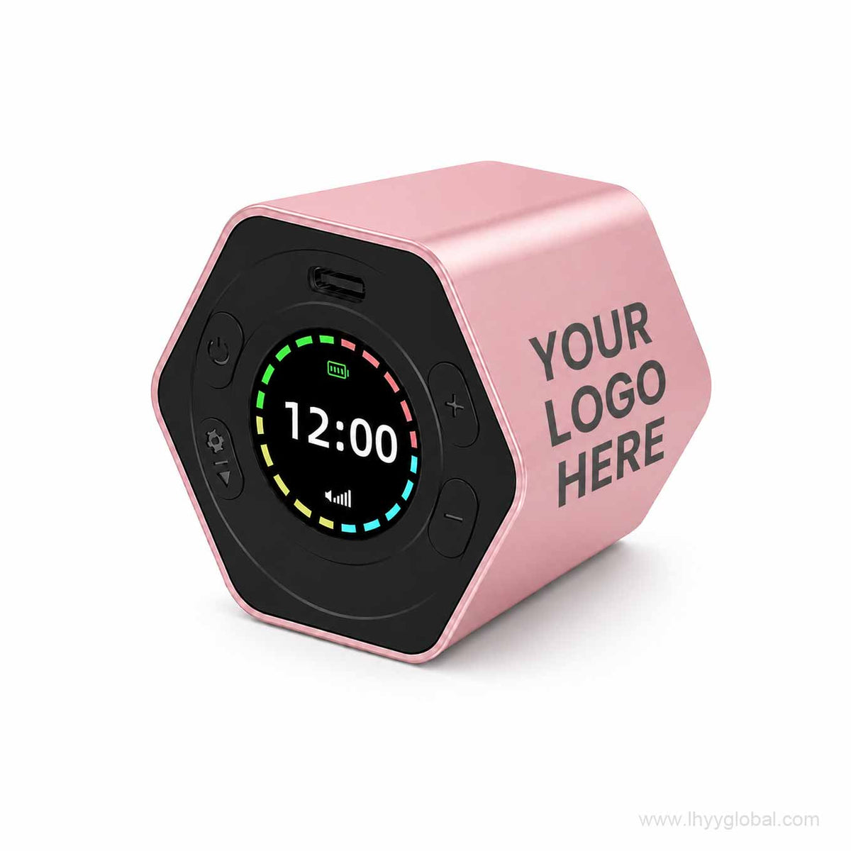 Custom logo digital countdown timer in pink with color display and YOUR LOGO HERE branding