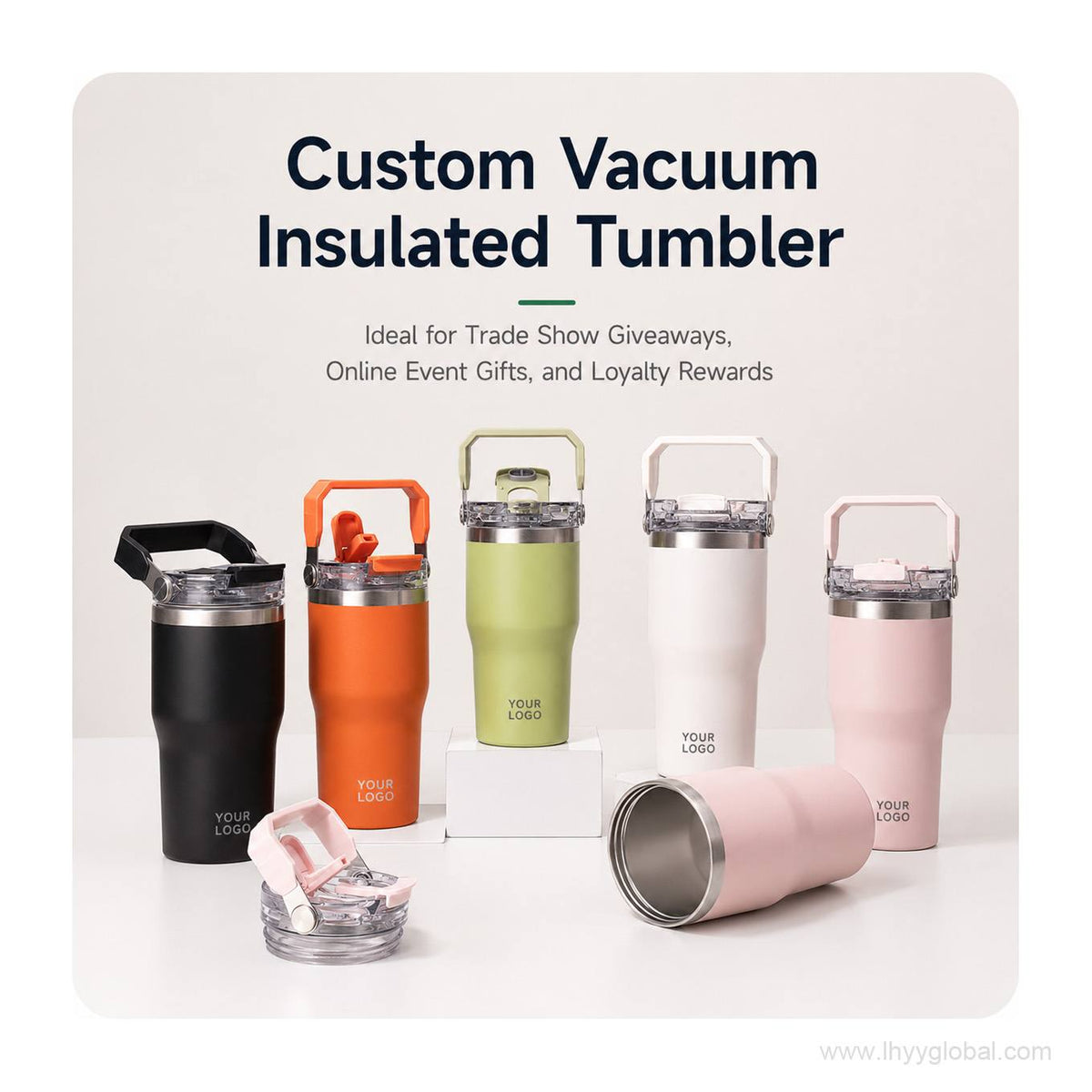 Custom dual-drink vacuum insulated tumblers with portable handles and custom logo areas in multiple colors