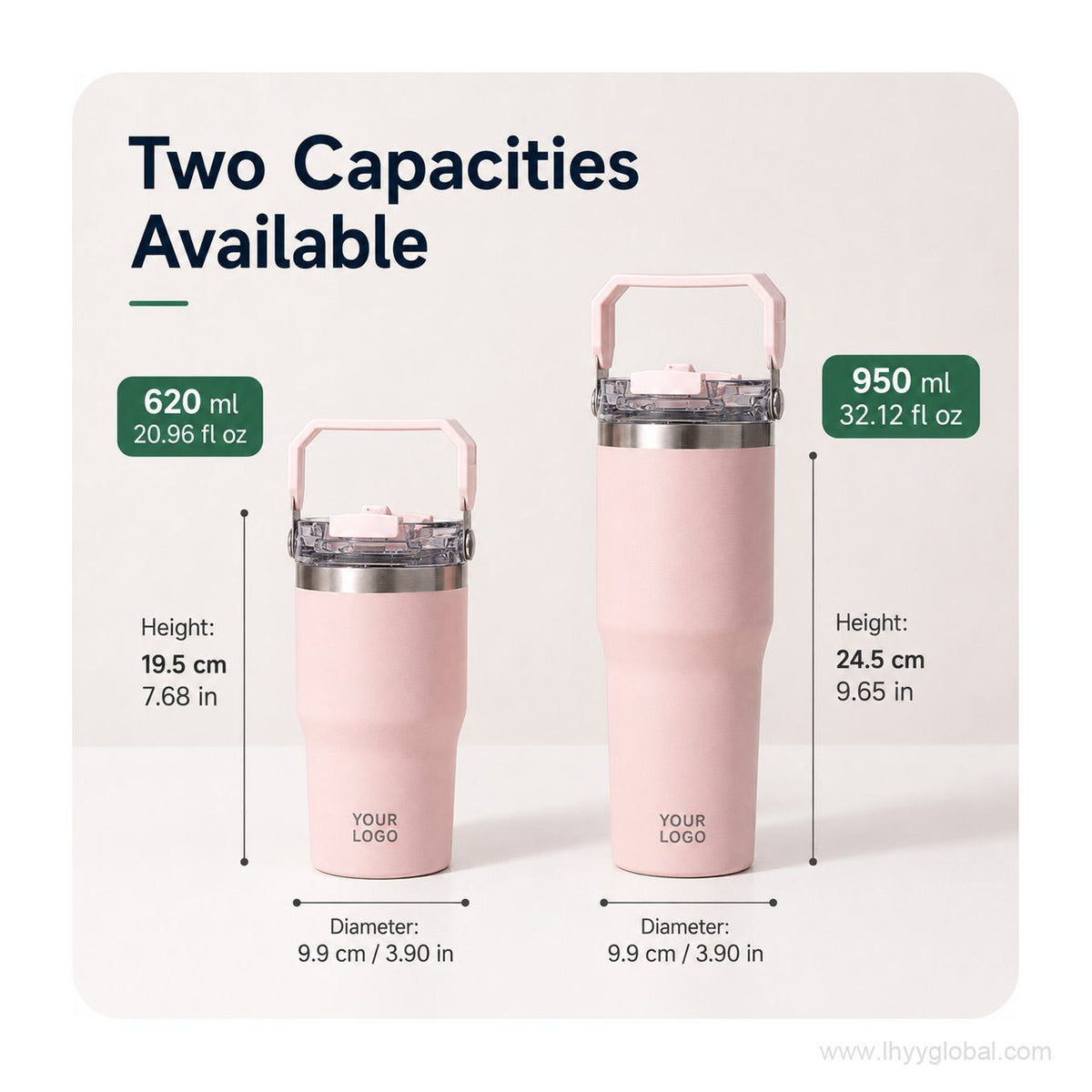 Custom vacuum insulated tumbler in 620 mL and 950 mL sizes with dimensions shown