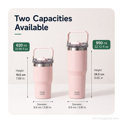Custom vacuum insulated tumbler in 620 mL and 950 mL sizes with dimensions shown
