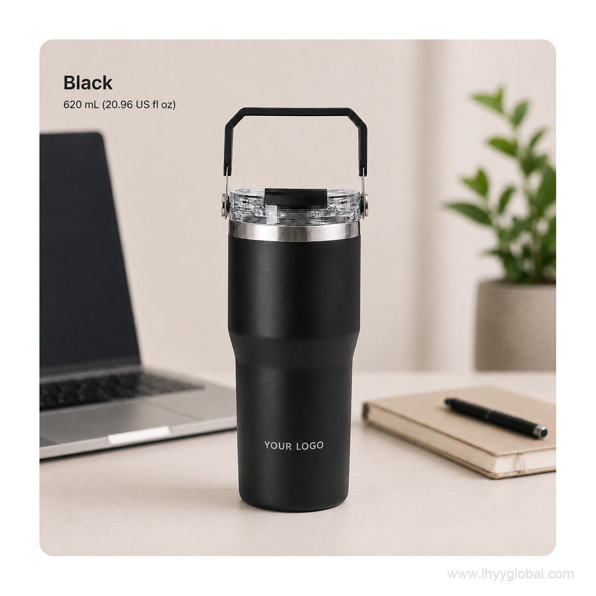 Black 620 mL custom vacuum insulated tumbler with portable handle