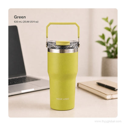 Green 620 mL custom vacuum insulated tumbler with portable handle