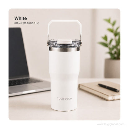 White 620 mL custom vacuum insulated tumbler with portable handle