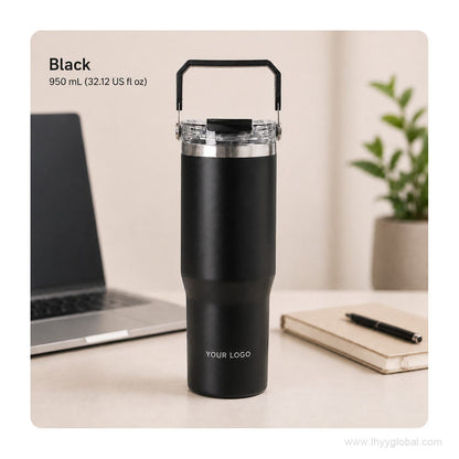 Black 950 mL custom vacuum insulated tumbler with portable handle