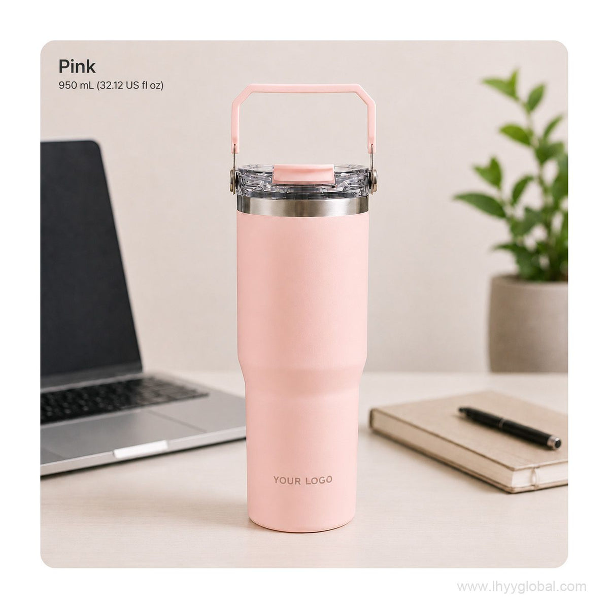 Pink 950 mL custom vacuum insulated tumbler with portable handle