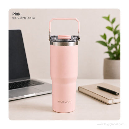 Pink 950 mL custom vacuum insulated tumbler with portable handle