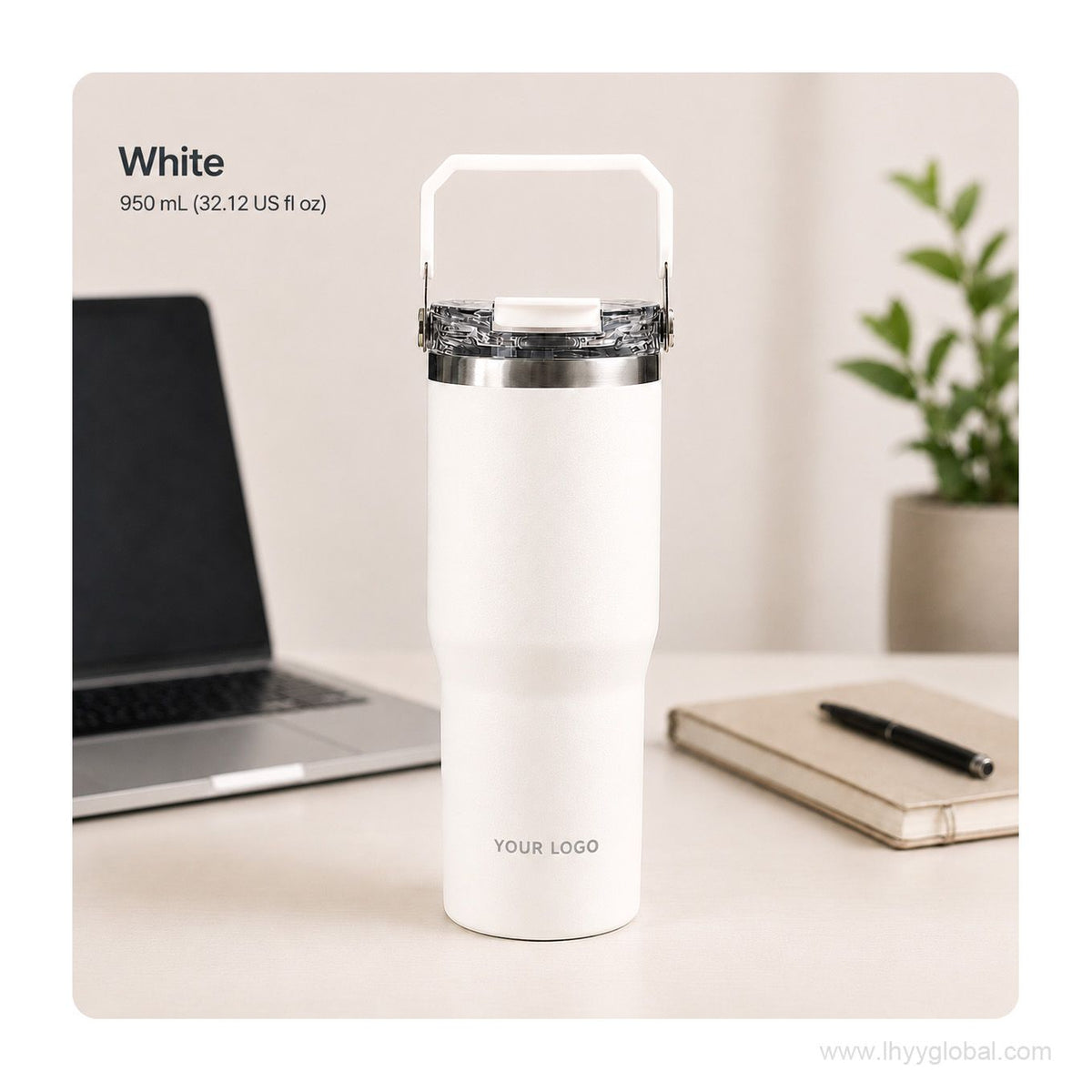 White 950 mL custom vacuum insulated tumbler with portable handle