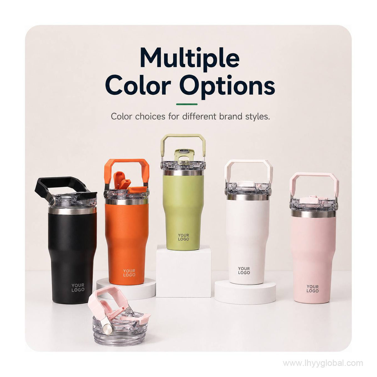 Custom insulated tumblers displayed in black, orange, green, white and pink color options