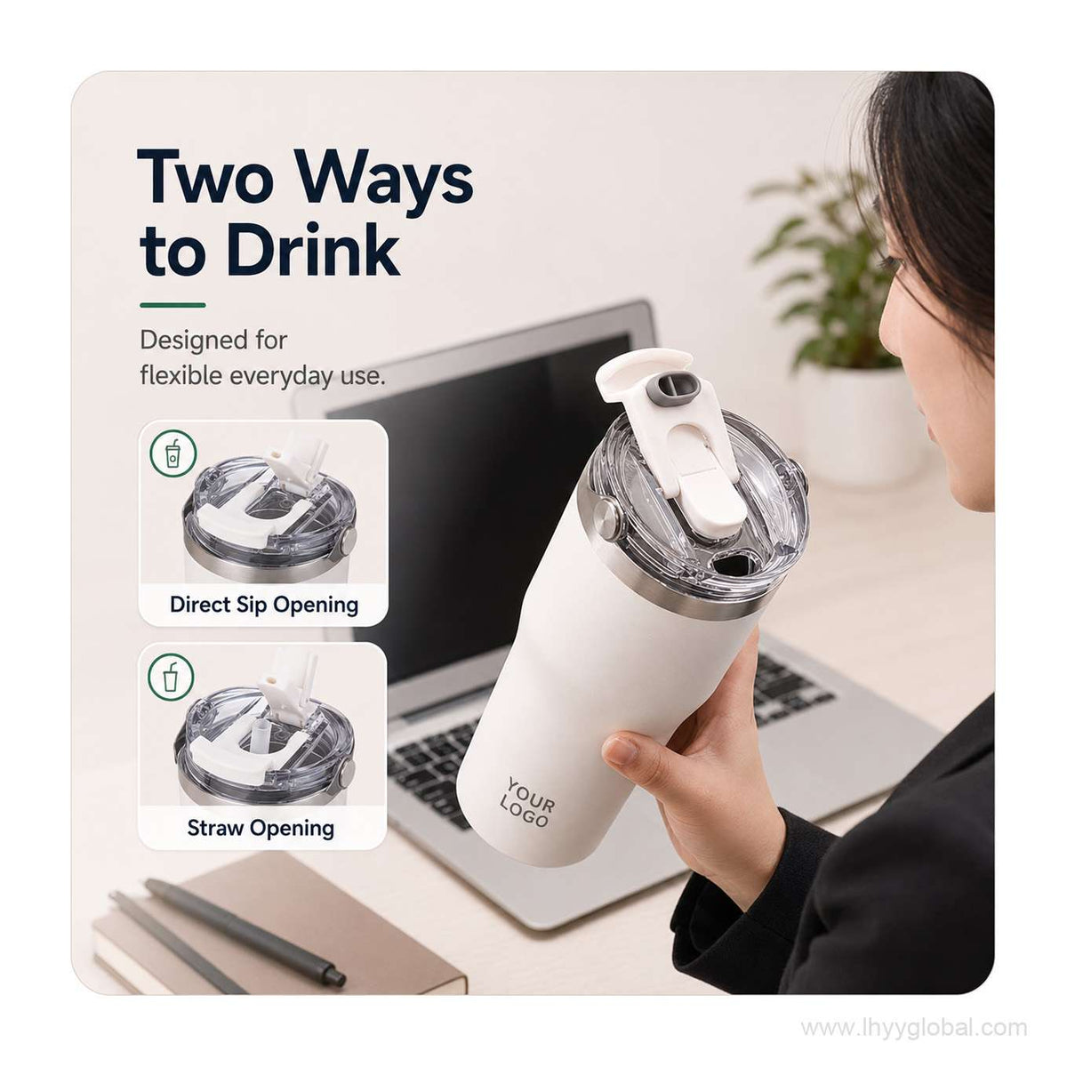 Custom vacuum insulated tumbler showing direct sip opening and straw opening lid options