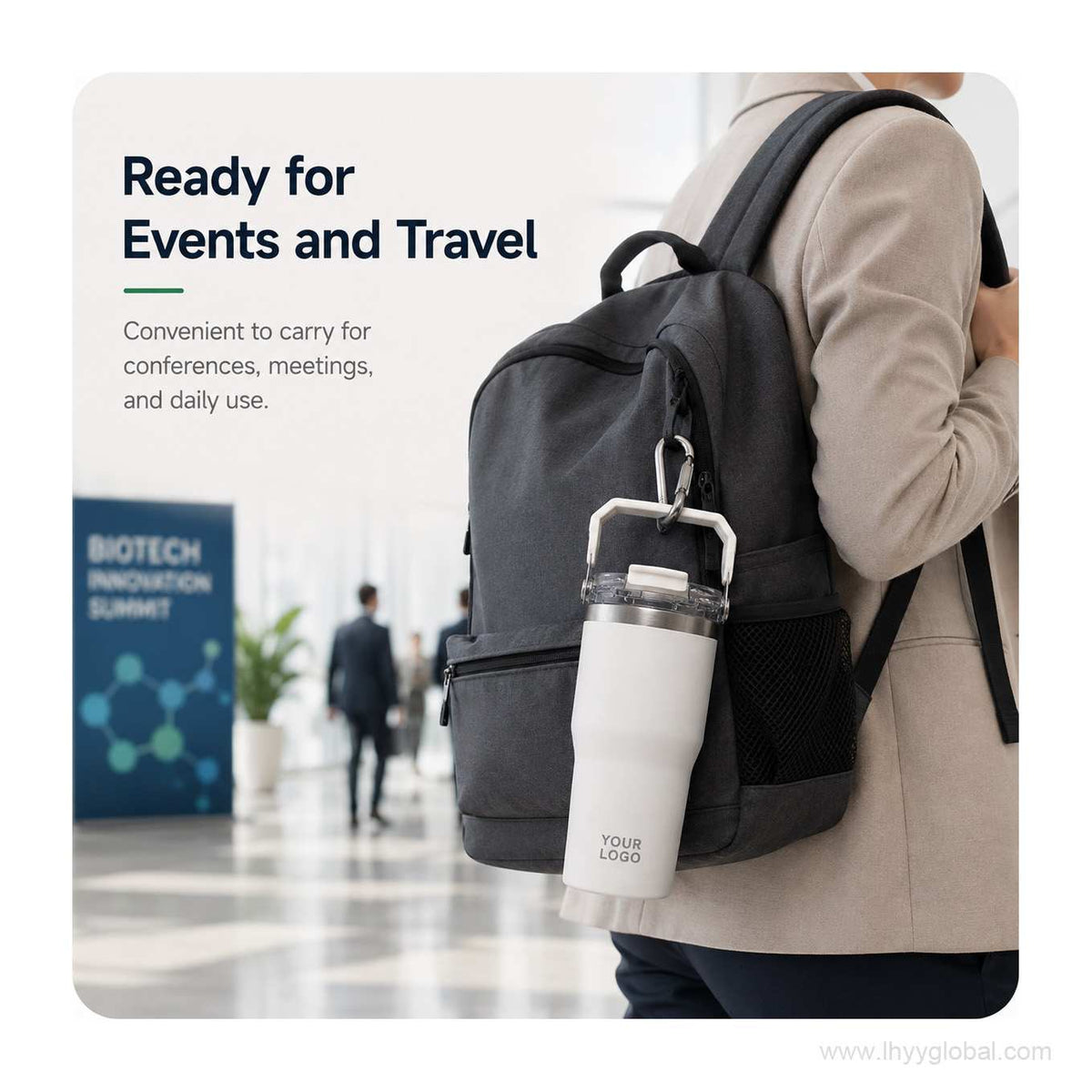White custom insulated tumbler attached to a backpack for conferences, events and travel