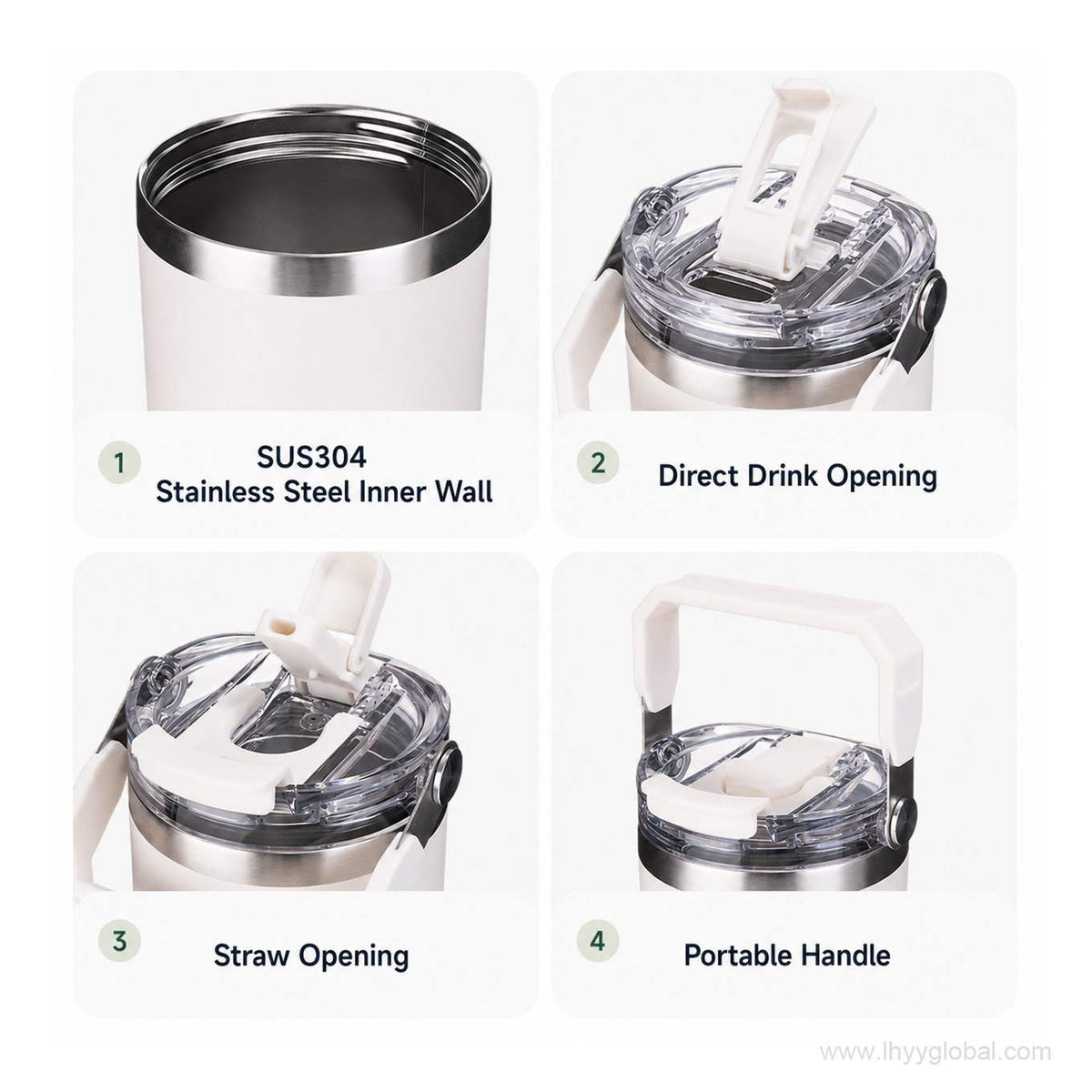 Detail views of SUS304 inner wall, direct drink opening, straw opening and portable handle