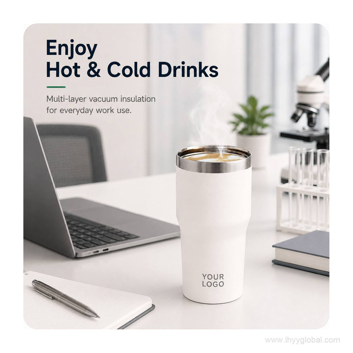White custom vacuum insulated tumbler for hot and cold drinks in a laboratory workspace