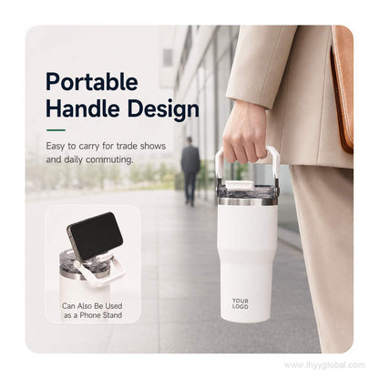 White custom insulated tumbler with portable carry handle and phone stand function
