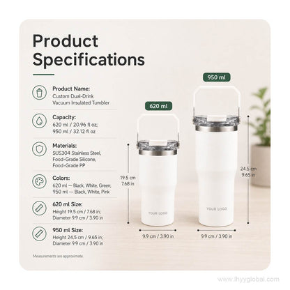 Product specifications for 620 mL and 950 mL custom dual-drink vacuum insulated tumblers