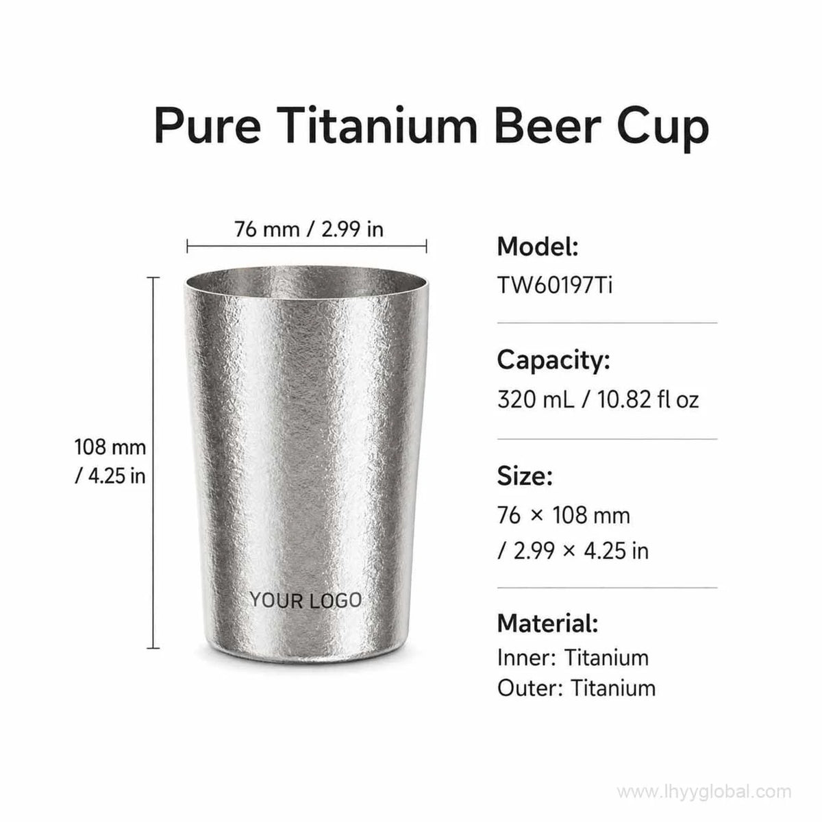 Pure titanium cup specification graphic showing 320 mL capacity and 76 by 108 mm dimensions