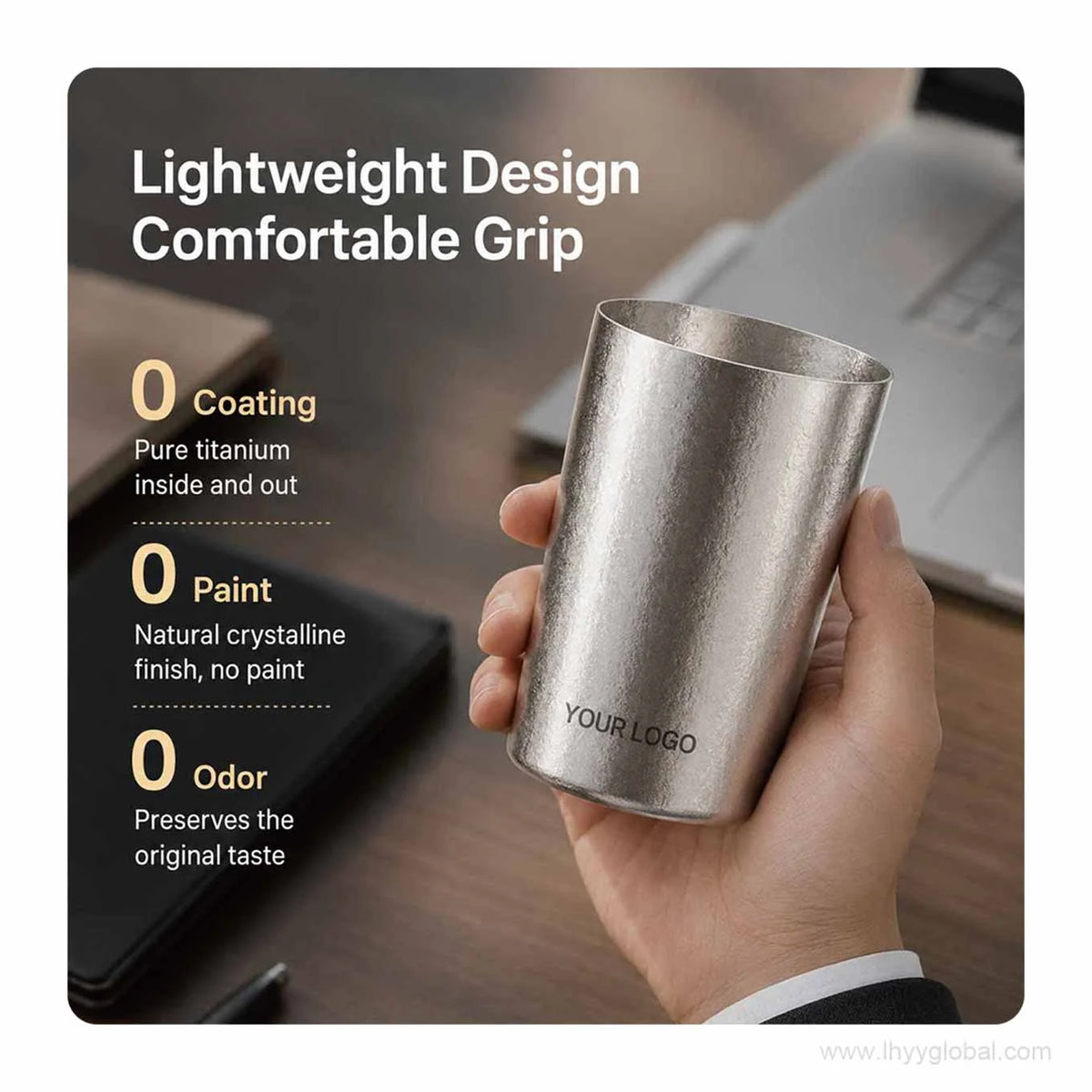Custom logo pure titanium cup shown in hand in a modern office setting