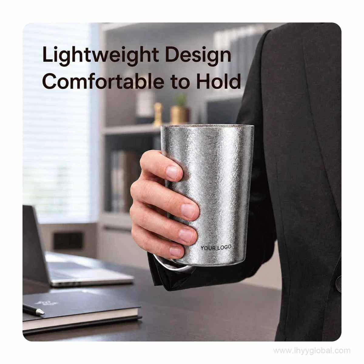 Pure titanium cup with natural metallic finish and custom logo area shown in hand