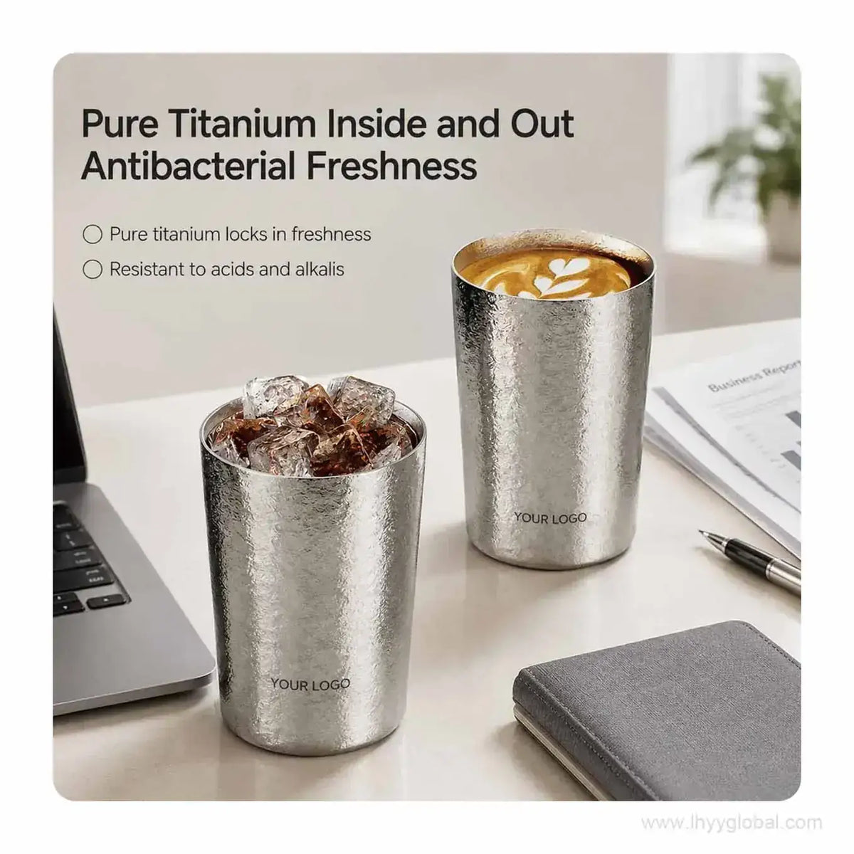Two pure titanium cups with custom logo areas displayed in an office drinkware scene