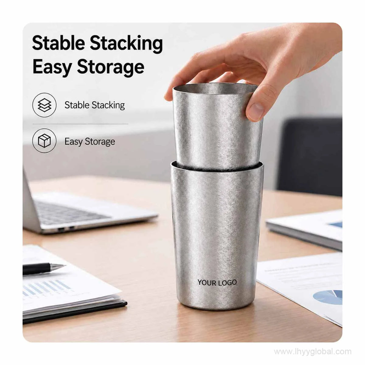Stackable pure titanium cups demonstrating compact storage with custom logo area