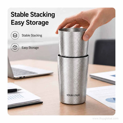 Stackable pure titanium cups demonstrating compact storage with custom logo area