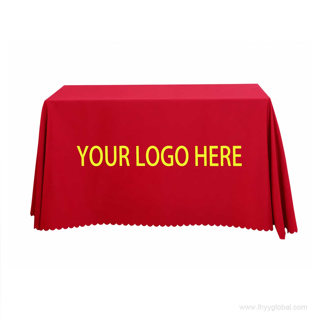 Red flannel trade show table cover showing customizable logo placement on the front panel