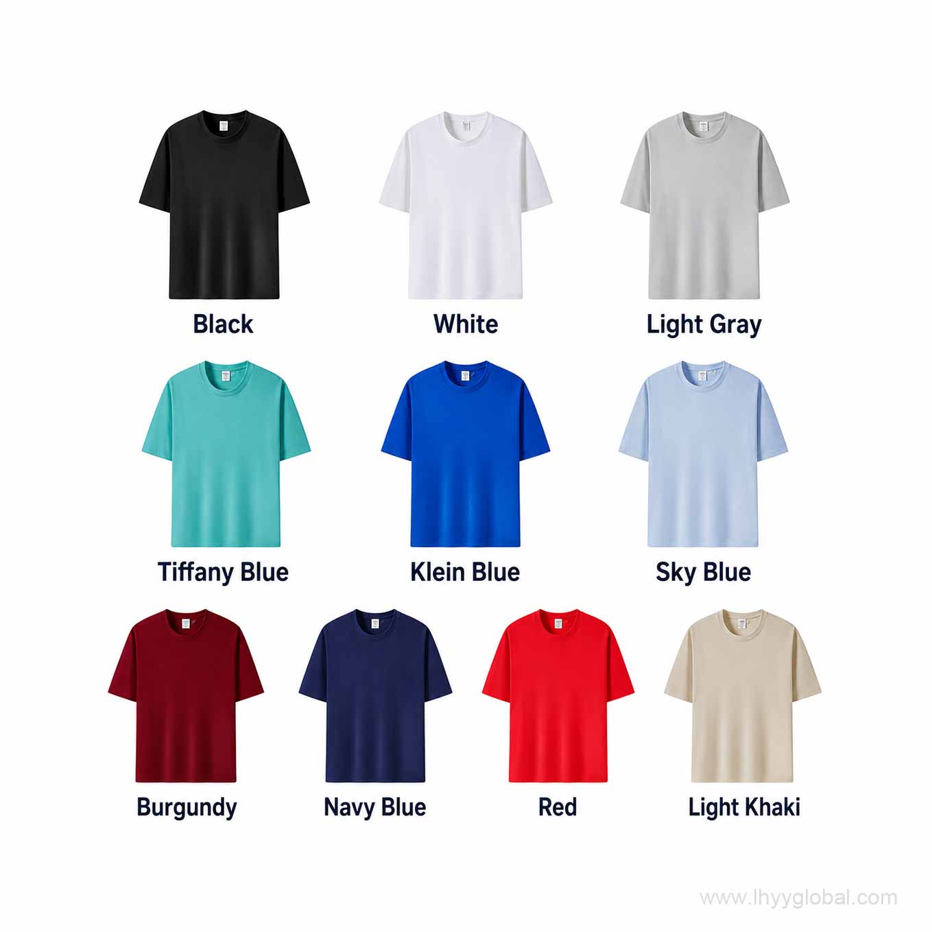 Custom short sleeve T-shirts displayed in ten corporate branding color options