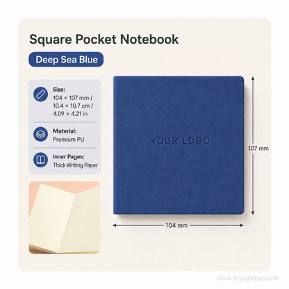 Custom logo square pocket PU notebook in Deep Sea Blue, 104 × 107 mm, with premium PU cover and thick writing paper.