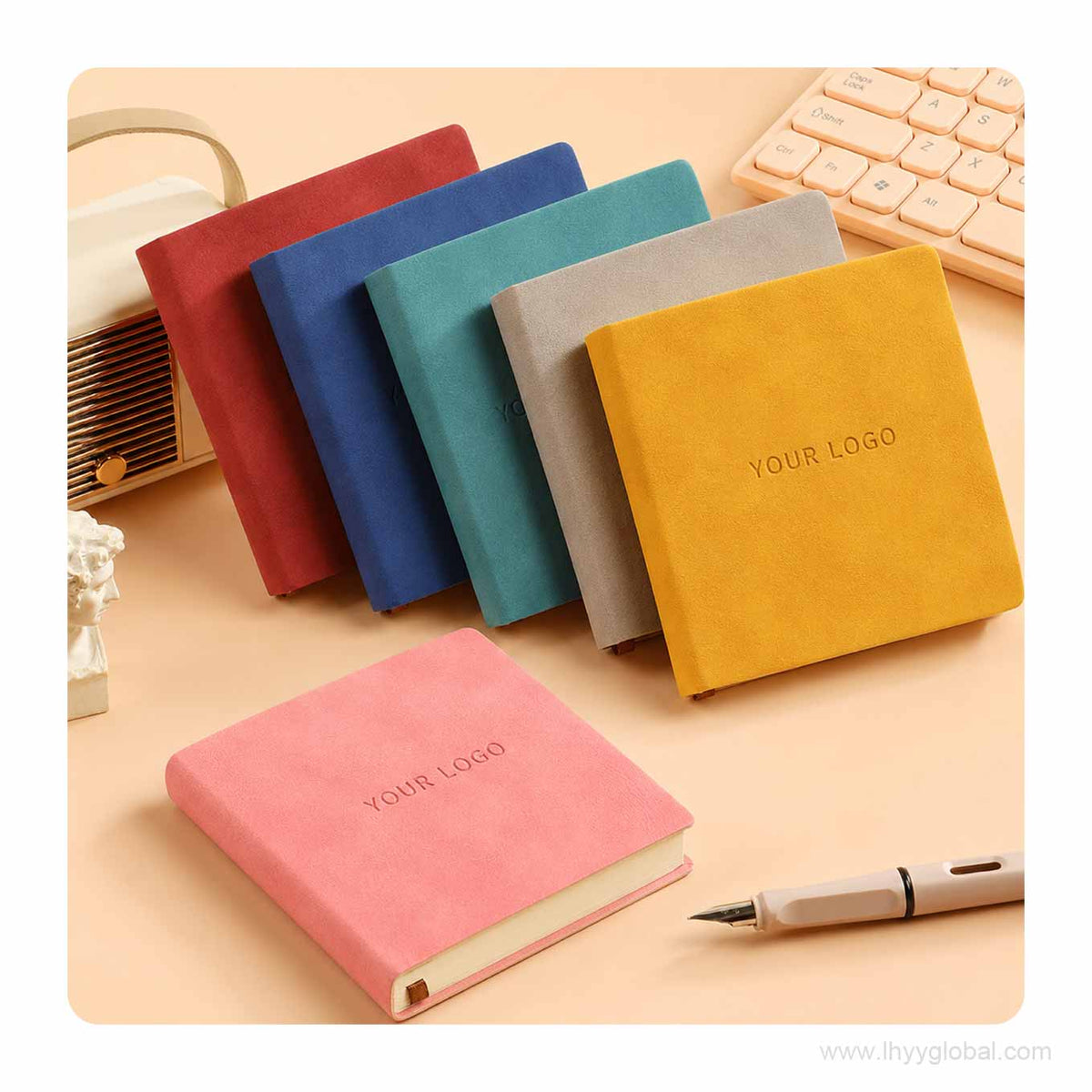 Custom logo square pocket PU notebook collection displayed in six colors: Peach Pink, Bean Red, Deep Sea Blue, Seaweed Green, Mist Gray, and Lemon Yellow.