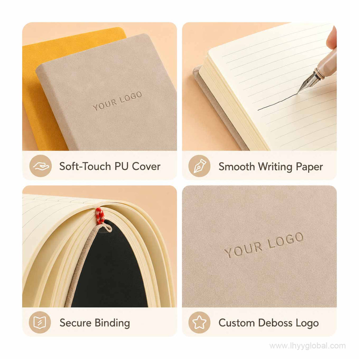 Feature collage of the custom logo square pocket PU notebook showing the soft-touch PU cover, smooth writing paper, secure binding, and custom deboss logo detail.
