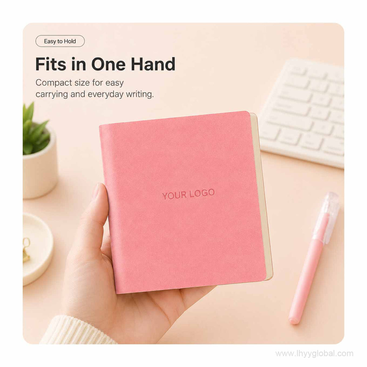 Peach Pink custom logo square pocket notebook held in one hand to show its compact size for everyday carrying.