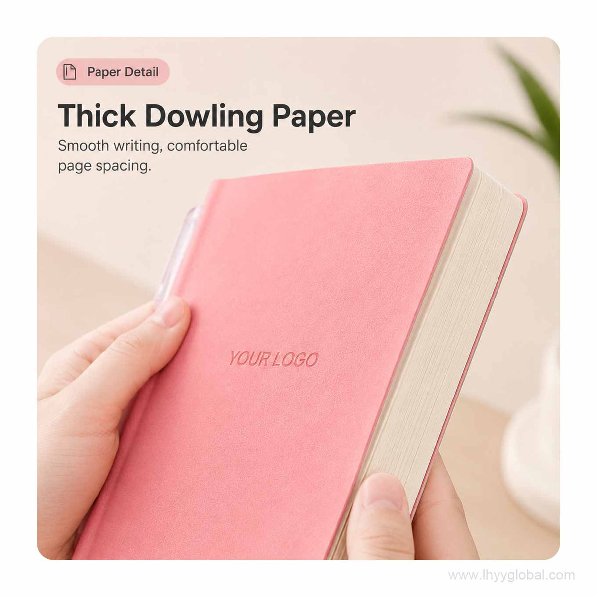Close-up of the Peach Pink custom logo square pocket notebook showing the paper block, cover texture, and page thickness.