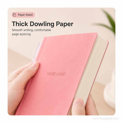 Close-up of the Peach Pink custom logo square pocket notebook showing the paper block, cover texture, and page thickness.